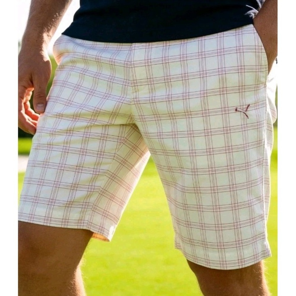 Puma Sportlifestyle Mens Golf Tech Shorts Orange White Plaid Sz 32 Inseam 11"